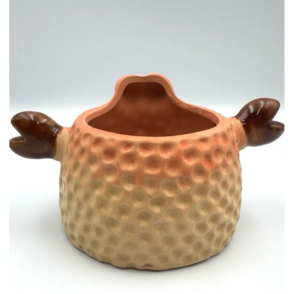 Ceramic Puffer Fish Planter Pot Blowfish Orange Brown Textured Coastal Decor